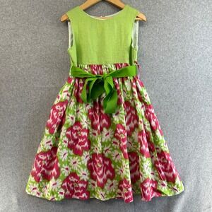 Maggie Breen Girls Size 5 Dress Lime Green Pink Floral Ikat Sleeveless Belt‎ NWT